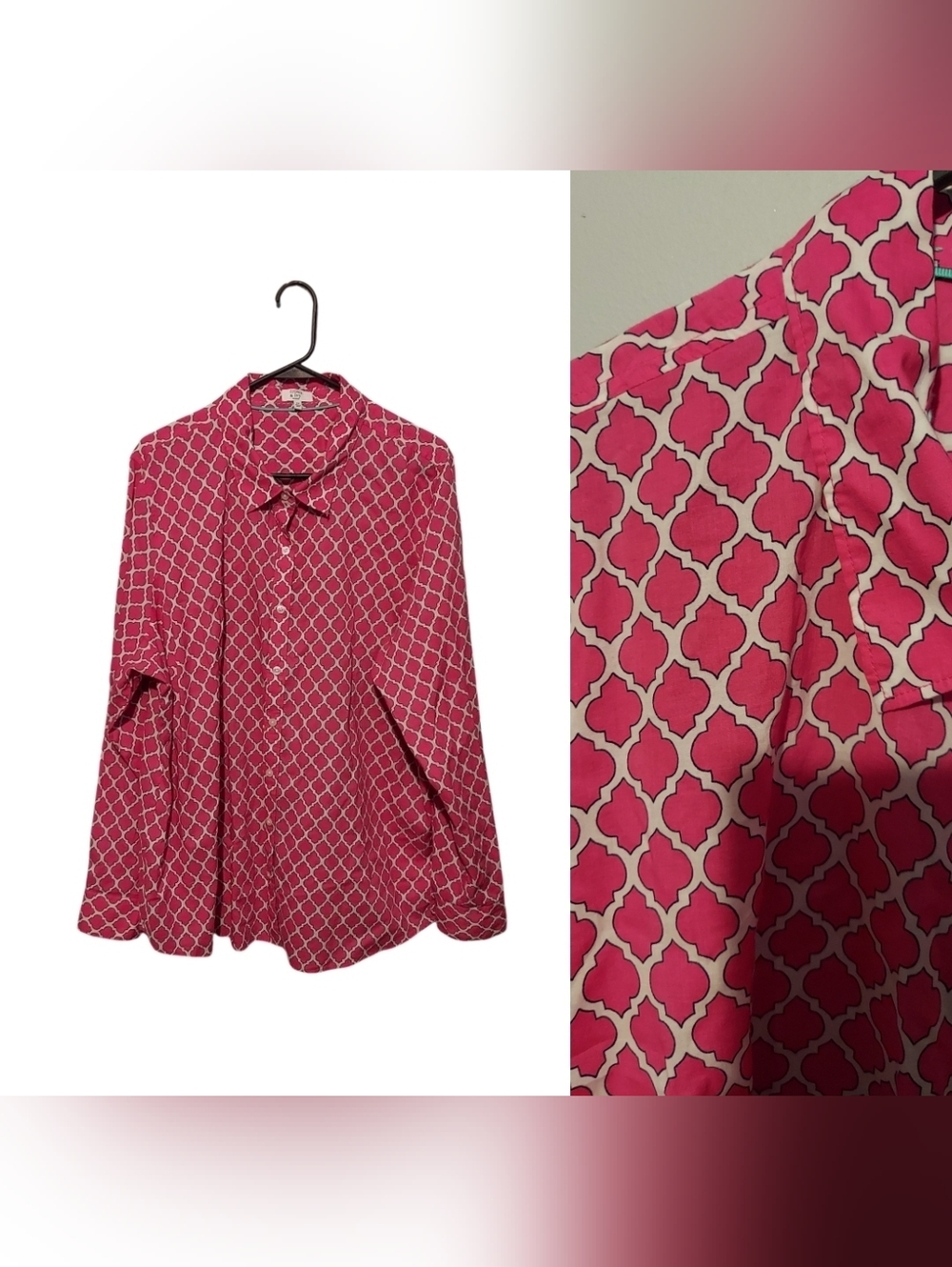 Crown & Ivy Printed Button-Up Top Shirt Blouse Size 3X Pink 100% Cotton Preppy